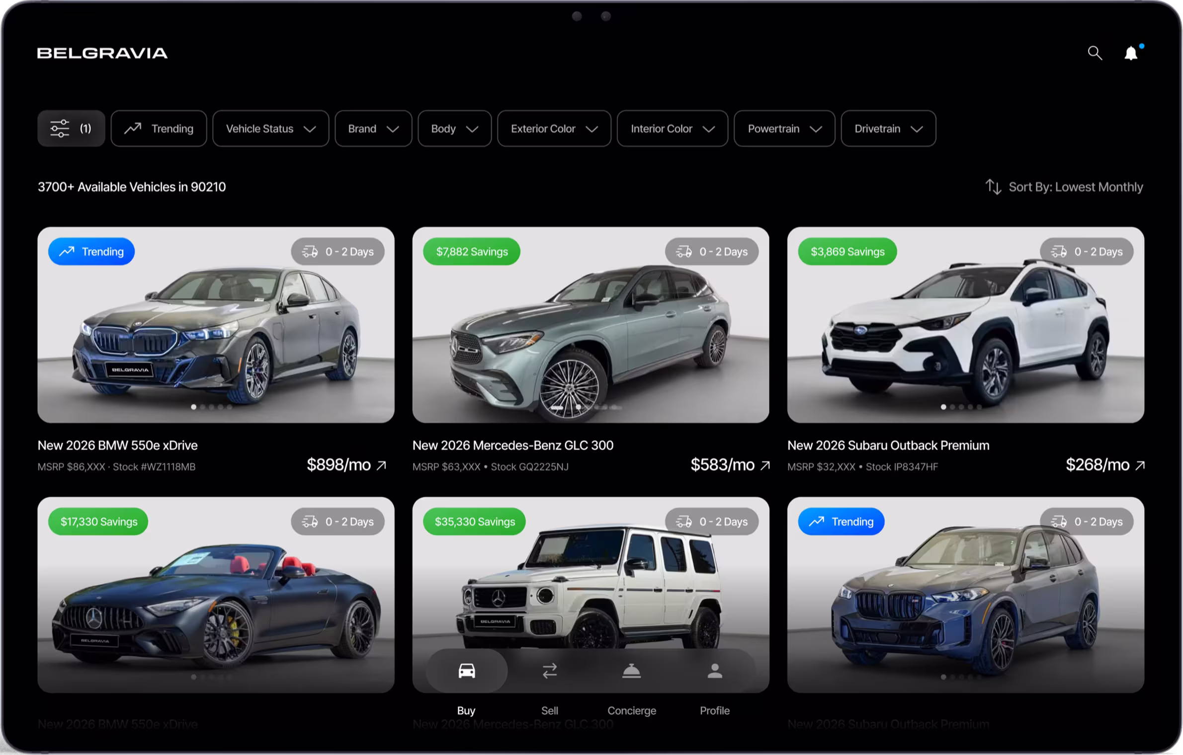 Belgravia private marketplace showing pre negotiated California car deals with transparent pricing